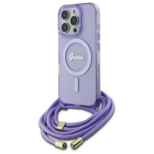 Guess GUHMP16LHCTSGNSU Apple iPhone 16 Pro 6.3" dėklas telefonui violetinės spalvos Crossbody Cord Script MagSafe