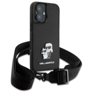 Karl Lagerfeld KLHCP16SSAKCPBK Apple iPhone 16 6.1" dėklas telefonui juodos spalvos Saffiano Karl&Choupette Metal Pin CBDY Strap - Image 3