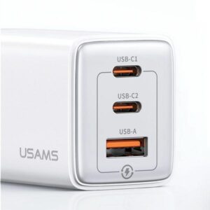 USAMS Laidinis įkroviklis 2xUSB-C+1xUSB 65W (only head) GaN PD3.0 +QC3.0 Fast Charging juodos spalvos Sandru Series CC180TC01 (US-CC180) - Image 3