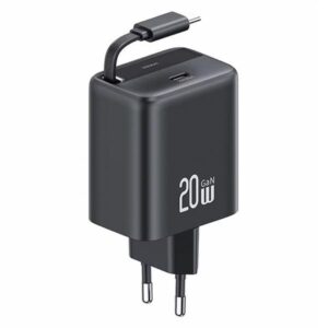USAMS Laidinis įkroviklis 1xUSB-C su suvyniojamu kabeliu USB-C Retractable PD+QC 20W Gan Fast Charging juodos spalvos YC Series CC233TC01 (US-CC233)