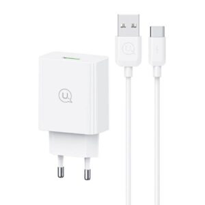USAMS Laidinis įkroviklis 18W + kabelis USB-C/USB-A 1m Fast Charging baltos spalvos series SC SCXLTZ02
