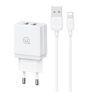 USAMS Laidinis įkroviklis 2xUSB 18W + kabelis Lightning/USB-A Fast Charging baltos spalvos series HC HCXLTZ01