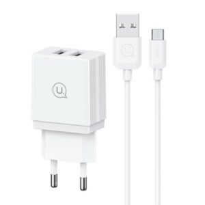USAMS Laidinis įkroviklis 2xUSB-A + kabelis Micro/ USB-A Fast Charging baltos spalvos series HC HCXLTZ02