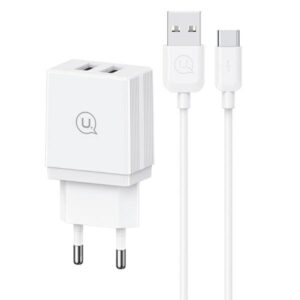 USAMS Laidinis įkroviklis 2xUSB-A + kabelis USB-C/ USB-A Fast Charging baltos spalvos series HC HCXLTZ03