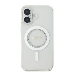 Guess IML Rhinestones Ring MagSafe Apple iPhone 16 dėklas telefonui baltos spalvos - Image 1