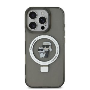 Karl Lagerfeld Ringstand Karl and Choupette MagSafe Apple iPhone 16 Pro dėklas telefonui juodos spalvos
