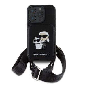Karl Lagerfeld Saffiano Crossbody Strap Karl and Choupette Apple iPhone 16 Pro dėklas telefonui juodos spalvos