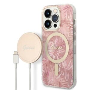 Zestaw Guess GUBPP14LHJEACSP Case+  Charger Apple iPhone 14 Pro 6,1" dėklas telefonui rožinės spalvos hard case Jungle MagSafe - Image 1