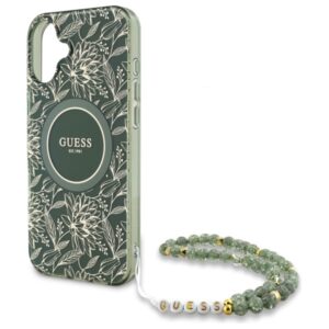 Guess GUHMP16SHCPOFPA Apple iPhone 16 6.1" dėklas telefonui žalios spalvos hardcase IML Flowers Allover Electro With Pearl Strap MagSafe - Image 5