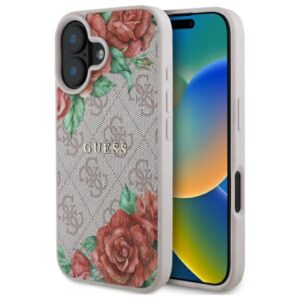 Guess GUHMP16SP4ROPEMCP Apple iPhone 16 6.1" dėklas telefonui rožinės spalvos 4G Flowers Print MagSafe