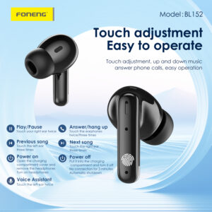 Foneng Bluetooth Ausinės TWS BL152 ANC+ENC su triukšmo slopinimu juodos spalvos - Image 3