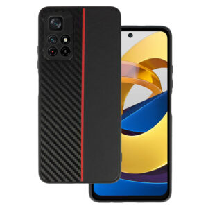 Tel Protect CARBON dėklas skirtas Xiaomi Redmi Note 11 5G/Note 11S 5G/Poco M4 Pro 5G juodos spalvos with red stripe