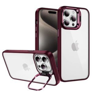 Tel Protect Kickstand dėklas + apsauginis stiklas kamerai (lens) skirtas Apple iPhone 15 Pro burgundy