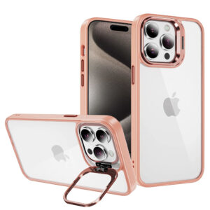 Tel Protect Kickstand dėklas + apsauginis stiklas kamerai (lens) skirtas Apple iPhone 15 Pro light rožinės spalvos