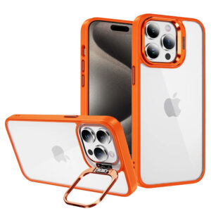 Tel Protect Kickstand dėklas + apsauginis stiklas kamerai (lens) skirtas Apple iPhone 15 Pro oranžinės spalvos