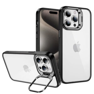 Tel Protect Kickstand dėklas + apsauginis stiklas kamerai (lens) skirtas Apple iPhone 15 Plus juodos spalvos