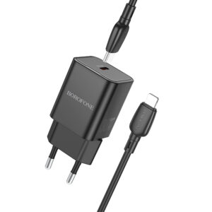 Borofone Laidinis įkroviklis BN13 Safety GaN - Type C - PD 30W su Type C į Lightning kabeliu juodos spalvos