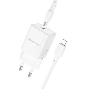 Borofone Laidinis įkroviklis BN13 Safety GaN - Type C - PD 30W su Type C į Lightning kabeliu baltos spalvos
