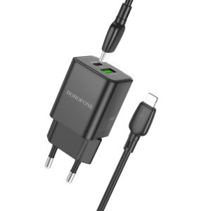 Borofone Laidinis įkroviklis BN14 Royal GaN - USB + Type C - QC 3.0 PD 30W su Type C į Lightning kabeliu juodos spalvos