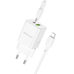 Borofone Laidinis įkroviklis BN14 Royal GaN - USB + Type C - QC 3.0 PD 30W su Type C į Lightning kabeliu baltos spalvos