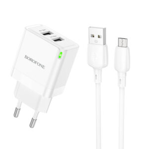 Borofone Laidinis įkroviklis BN15 Strong - 2xUSB - 2,1A su USB į Micro USB kabeliu baltos spalvos