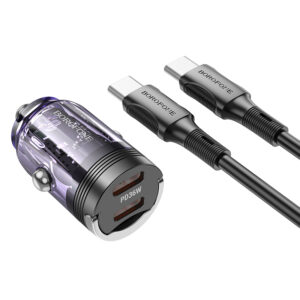 Borofone automobilinis įkroviklis BZ29B Outstanding - 2xType C - PD 36W 3A su Type C į Lightning kabeliu transparent-violetinės spalvos