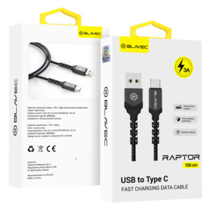 Blavec kabelis Raptor braided - USB į Type C - 3A 1 metras (CRA-UC3BG10) juodos spalvos-pilkos spalvos