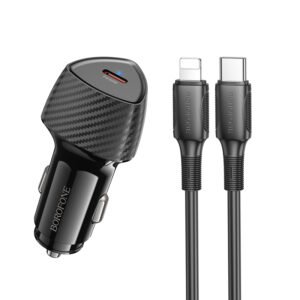 Borofone automobilinis įkroviklis BZ31B Solid - Type C - PD 30W su Type C į Lightning kabeliu juodos spalvos