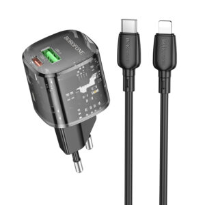 Borofone Laidinis įkroviklis BN17 Sunlight - USB + Type C -  QC 3.0 PD 20W 3A su Type C į Lightning kabeliu juodos spalvos