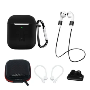 Silikoninis ausinių dėklas Apple AirPods 2 / AirPods 1 + Case / Ear Hook / Neck Strap / Watch Strap Holder / Carabiner - juodos spalvos - Image 1