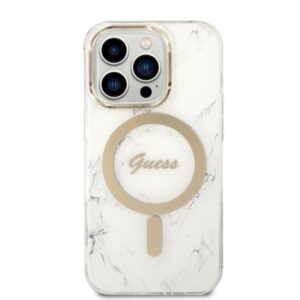 Rinkinys Guess GUBPP14LHMEACSH Case+  Charger Apple iPhone 14 Pro 6,1" baltos spalvos hard case Marble MagSafe - Image 3