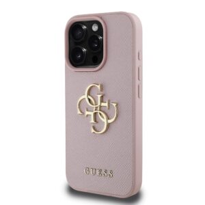Guess PU Grained 4G Metal Logo dėkals tavo Apple iPhone 15 Pro Max rožinės spalvos