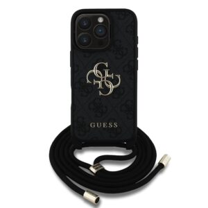 Guess PU 4G Metal Logo Crossbody Strap dėkals tavo Apple iPhone 16 Pro Max juodos spalvos