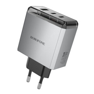 Borofone Wall charger BN22 Lena GaN - 2xType C + USB - QC 3.0 PD 65W pilkos spalvos