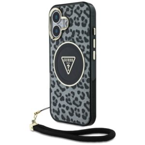 Guess HC IML Leopard Triangle Cord Strap Apple iPhone 16 MagSafe dėklas telefonui juodos spalvos