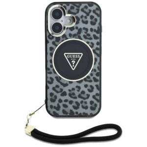 Guess HC IML Leopard Triangle Cord Strap Apple iPhone 16 MagSafe dėklas telefonui juodos spalvos - Image 2