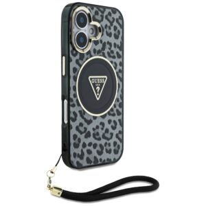 Guess HC IML Leopard Triangle Cord Strap Apple iPhone 16 MagSafe dėklas telefonui juodos spalvos - Image 3