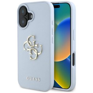 Guess Grained Big 4G Logo Small Classic Logo Apple iPhone 16 dėklas telefonui mėlynos spalvos