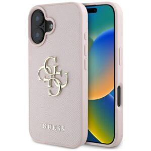 Guess Grained Big 4G Logo Small Classic Logo Apple iPhone 16 dėklas telefonui rožinės spalvos
