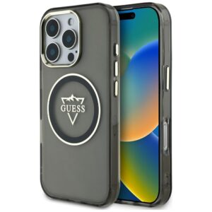 Guess IML Metal Mountain Logo MagSafe Apple iPhone 16 Pro dėklas telefonui juodos spalvos