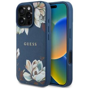 Guess Grained Printed Flower Pattern MagSafe Apple iPhone 16 Pro Max dėklas telefonui mėlynos spalvos - Image 1