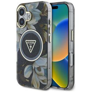 Guess Glitter Flowers Triangle Buttons MagSafe Apple iPhone 16 dėklas telefonui juodos spalvos - Image 1