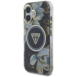 Guess Glitter Flowers Triangle Buttons MagSafe Apple iPhone 16 dėklas telefonui juodos spalvos - Image 2