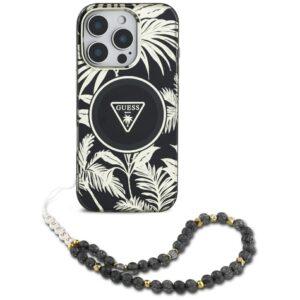 Guess Palm Trees Triangle Pearl Strap MagSafe Apple iPhone 16 dėklas telefonui juodos spalvos - Image 1