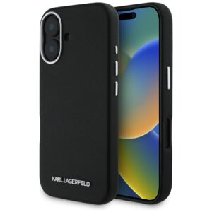 Karl Lagerfeld Saffiano Full Wrapped Elongated Metal Logo MagSafe Apple iPhone 16 dėklas telefonui juodos spalvos - Image 1