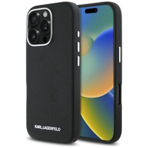 Karl Lagerfeld Saffiano Full Wrapped Elongated Metal Logo MagSafe Apple iPhone 16 Pro dėklas telefonui juodos spalvos
