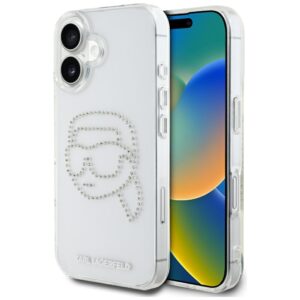 Karl Lagerfeld IML Rhinestones Karl Head Apple iPhone 16 dėklas telefonui skaidrus