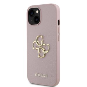 Guess PU Grained 4G Metal Logo Apple iPhone 15 dėklas telefonui rožinės spalvos