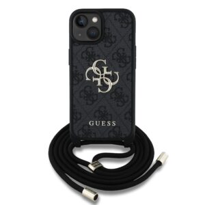 Guess PU 4G Metal Logo Crossbody Strap Apple iPhone 15 dėklas telefonui juodos spalvos