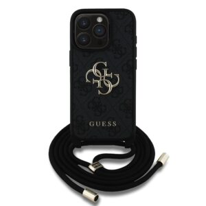 Guess PU 4G Metal Logo Crossbody Strap Apple iPhone 15 Pro Max dėklas telefonui juodos spalvos